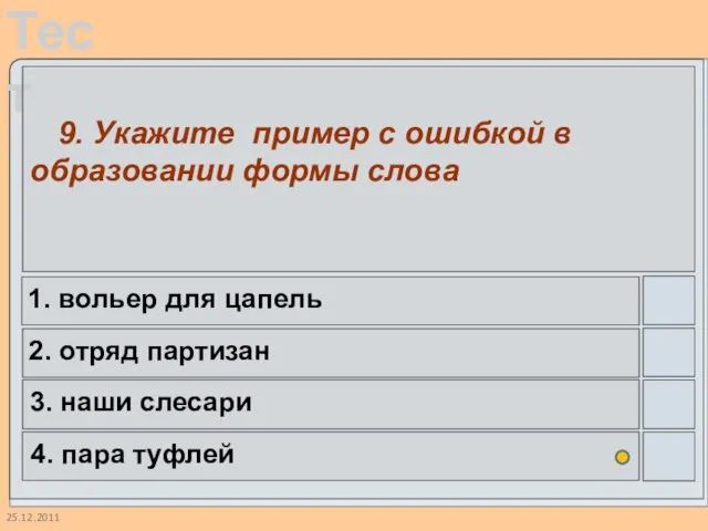 25.12.2011 9. Укажите пример с ошибкой в образовании формы слова