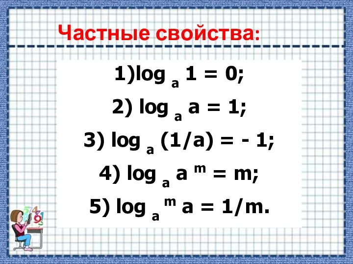 Частные свойства: 1)log a 1 = 0; 2) log a