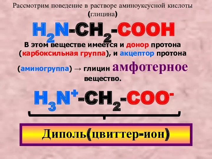 Рассмотрим поведение в растворе аминоуксусной кислоты(глицина) H2N-CH2-COOH В этом веществе имеется и донор
