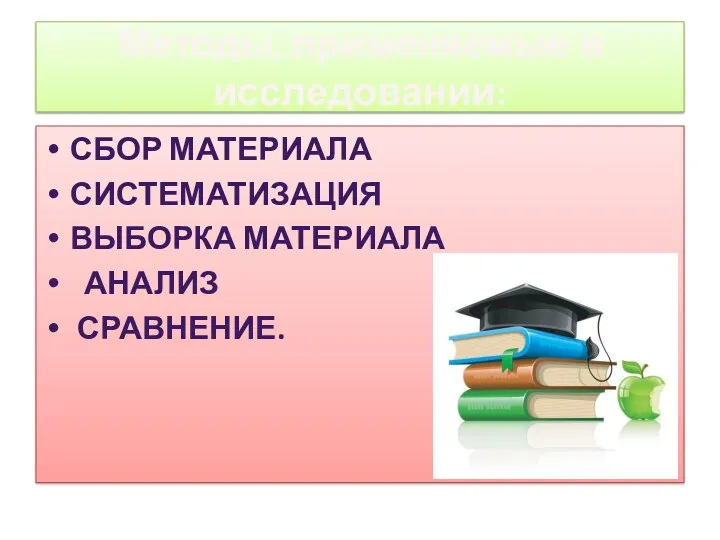 Методы, применяемые в исследовании: сбор материала Систематизация выборка материала анализ сравнение.