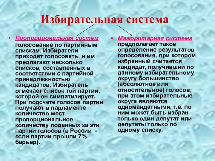 Избирательная система Пропорциональная систем голосование по партийным спискам. Избиратели приходят