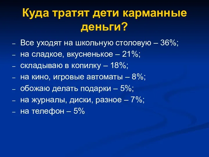 Куда тратят дети карманные деньги? Все уходят на школьную столовую – 36%; на