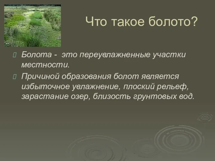 Что такое болото? Болота - это переувлажненные участки местности. Причиной