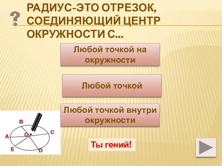 Радиус-это отрезок, соединяющий центр окружности с... Любой точкой на окружности