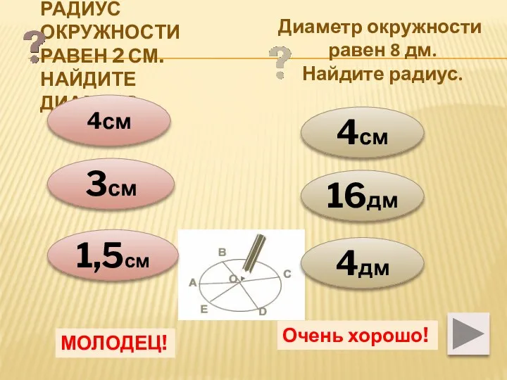 Радиус окружности равен 2 см. Найдите диаметр. 4см 3см 1,5см