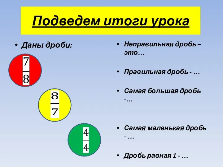 Подведем итоги урока Даны дроби: Неправильная дробь –это… Правильная дробь - … Самая