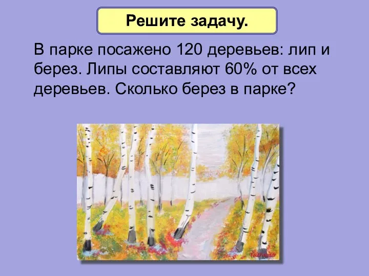 В парке посажено 120 деревьев: лип и берез. Липы составляют