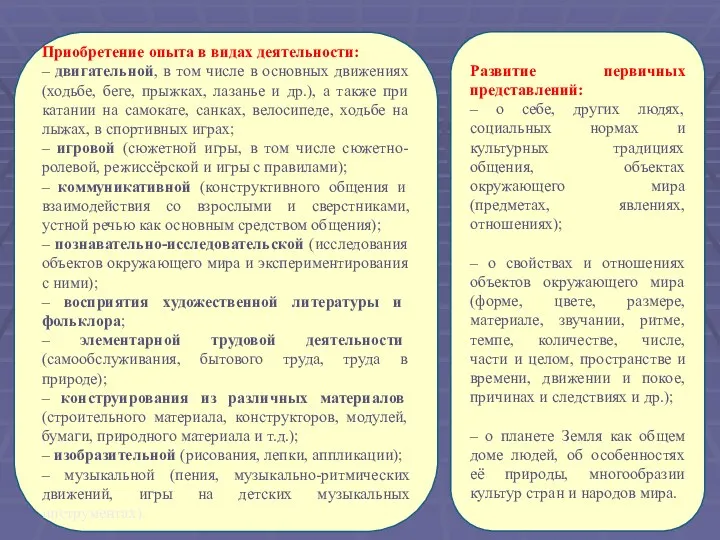 Приобретение опыта в видах деятельности: – двигательной, в том числе