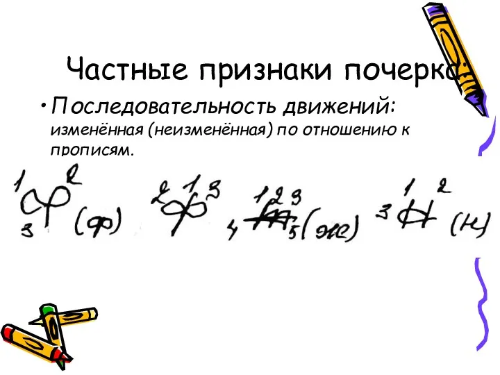 Частные признаки почерка: Последовательность движений: изменённая (неизменённая) по отношению к прописям.