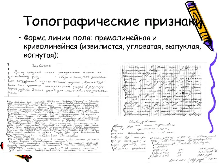 Топографические признаки Форма линии поля: прямолинейная и криволинейная (извилистая, угловатая, выпуклая, вогнутая);