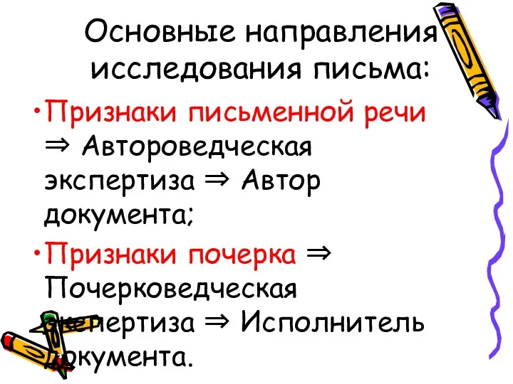 Основные направления исследования письма: Признаки письменной речи ⇒ Автороведческая экспертиза