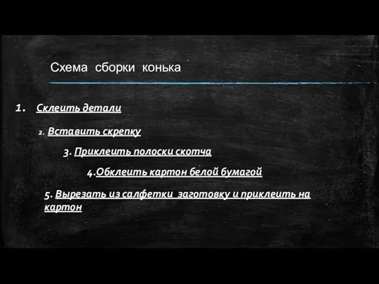 Схема сборки конька 5. Вырезать из салфетки заготовку и приклеить на картон Склеить