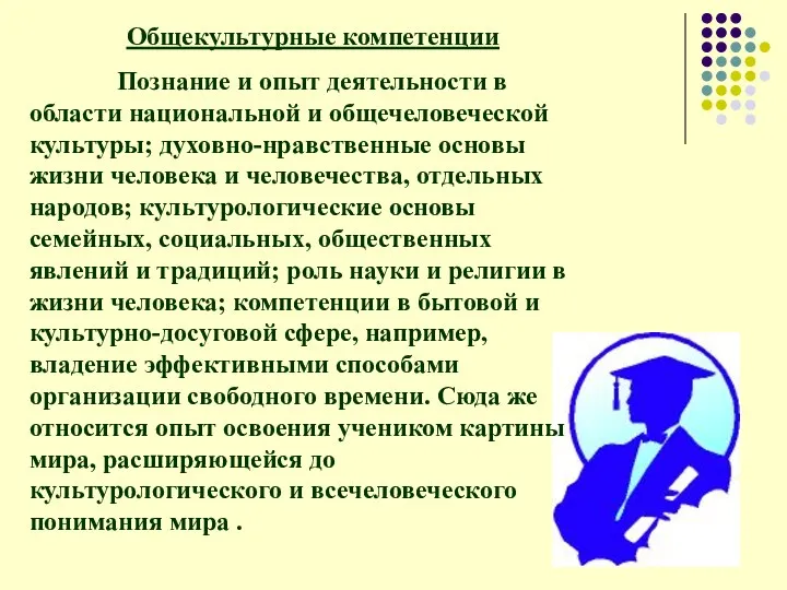 Общекультурные компетенции Познание и опыт деятельности в области национальной и