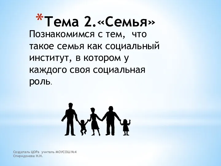 Создаталь ЦОРа учитель МОУСОШ №4 Спиридонова Н.Н. Тема 2.«Семья» Познакомимся