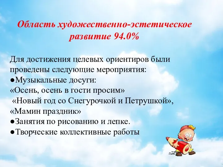 Область художественно-эстетическое развитие 94.0% Для достижения целевых ориентиров были проведены