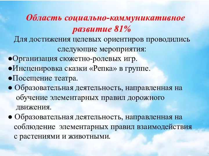 Область социально-коммуникативное развитие 81% Для достижения целевых ориентиров проводились следующие