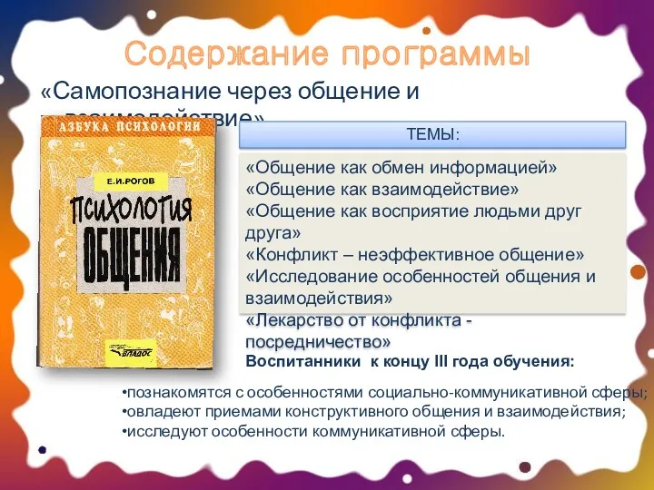 Содержание программы «Самопознание через общение и взаимодействие» «Общение как обмен