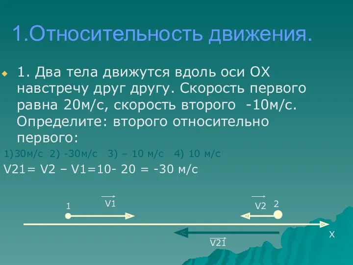 1.Относительность движения. 1. Два тела движутся вдоль оси ОХ навстречу