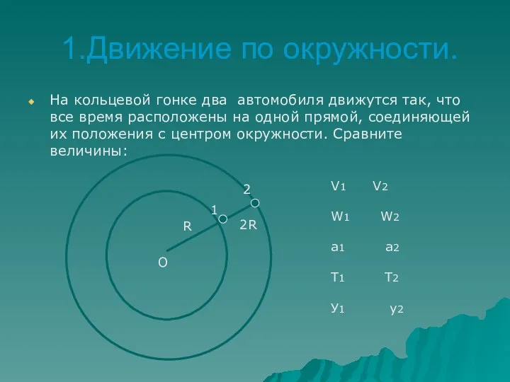 1.Движение по окружности. На кольцевой гонке два автомобиля движутся так,