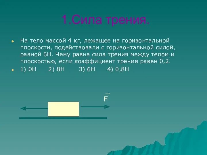 1.Сила трения. На тело массой 4 кг, лежащее на горизонтальной