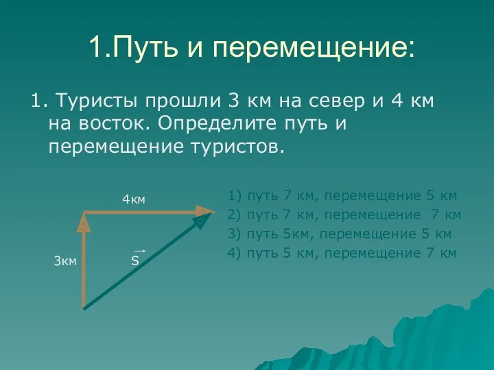 1.Путь и перемещение: 1. Туристы прошли 3 км на север