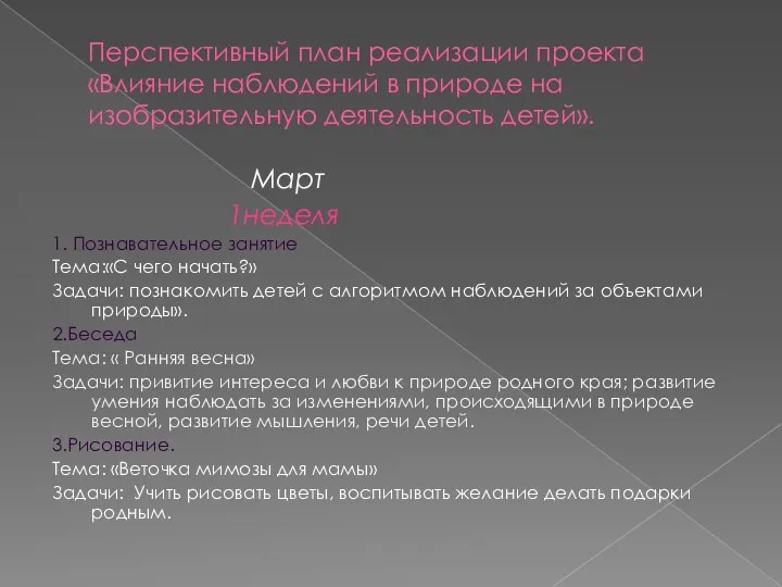 Перспективный план реализации проекта «Влияние наблюдений в природе на изобразительную