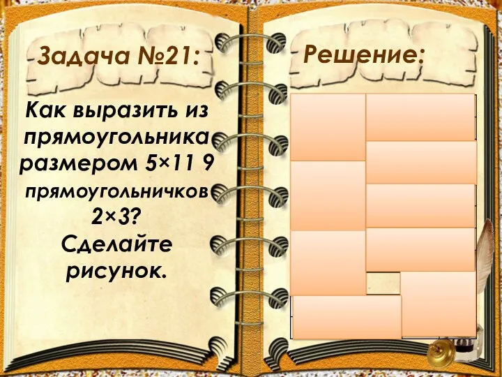 Задача №21: Решение: Как выразить из прямоугольника размером 5×11 9 прямоугольничков 2×3? Сделайте рисунок.