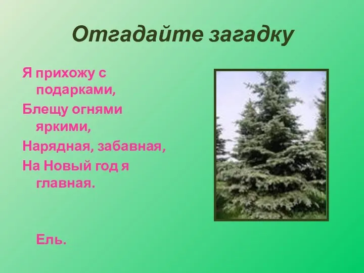 Отгадайте загадку Я прихожу с подарками, Блещу огнями яркими, Нарядная, забавная, На Новый