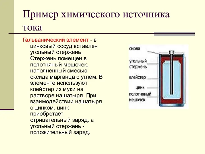 Пример химического источника тока Гальванический элемент - в цинковый сосуд