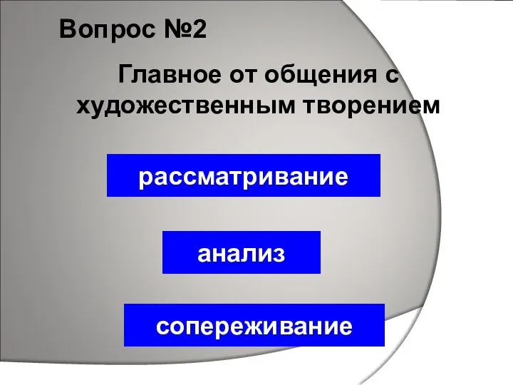 Вопрос №2 сопереживание рассматривание анализ Главное от общения с художественным творением