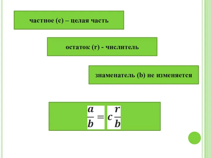 частное (с) – целая часть остаток (r) - числитель знаменатель (b) не изменяется