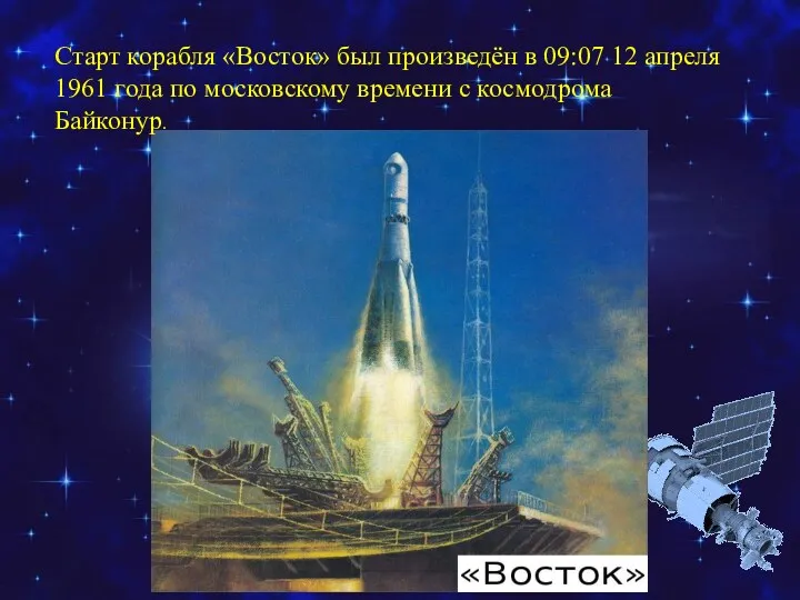 Старт корабля «Восток» был произведён в 09:07 12 апреля 1961