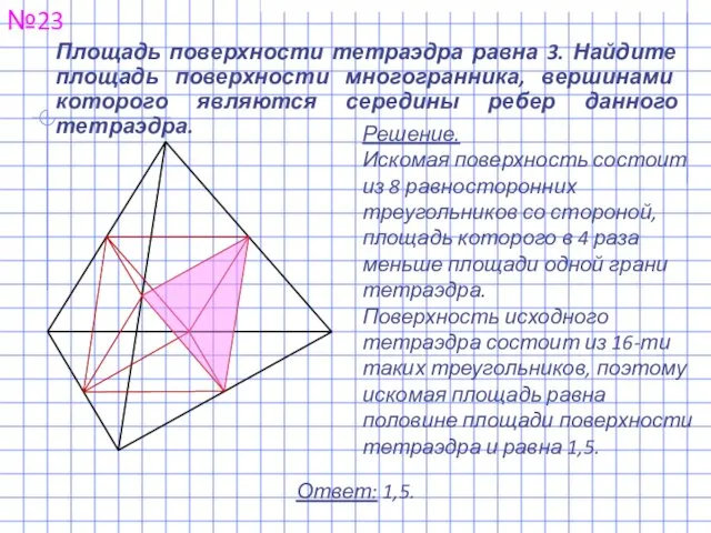 Площадь поверхности тетраэдра равна 3. Найдите площадь поверхности многогранника, вершинами