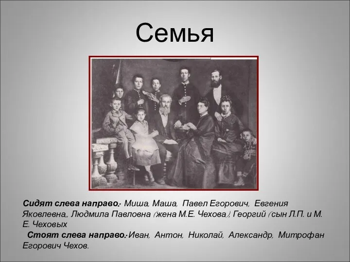 Семья Сидят слева направо: Миша, Маша, Павел Егорович, Евгения Яковлевна,,