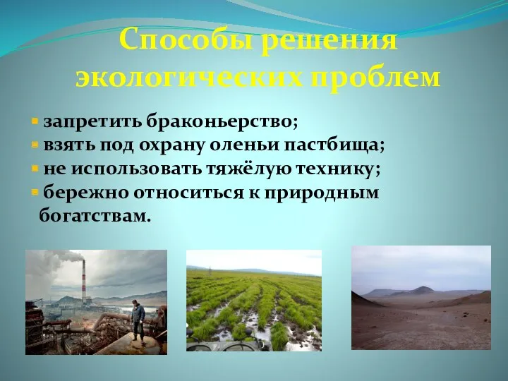 Способы решения экологических проблем запретить браконьерство; взять под охрану оленьи