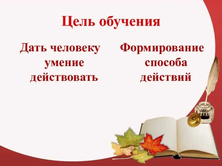 Цель обучения Дать человеку умение действовать Формирование способа действий