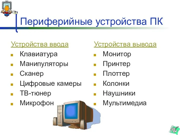 Периферийные устройства ПК Устройства ввода Клавиатура Манипуляторы Сканер Цифровые камеры