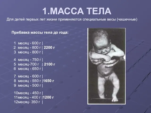1.МАССА ТЕЛА Для детей первых лет жизни применяются специальные весы (чашечные) Прибавка массы