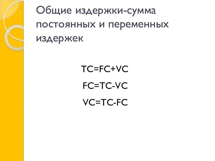 Общие издержки-сумма постоянных и переменных издержек TC=FC+VC FC=TC-VC VC=TC-FC