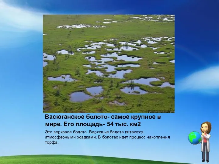 Васюганское болото- самое крупное в мире. Его площадь- 54 тыс. км2 Это верховое