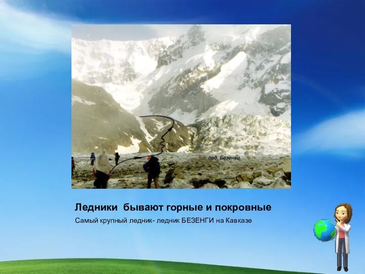 Ледники бывают горные и покровные Самый крупный ледник- ледник БЕЗЕНГИ на Кавказе