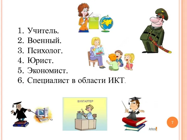 Учитель. Военный. Психолог. Юрист. Экономист. Специалист в области ИКТ.