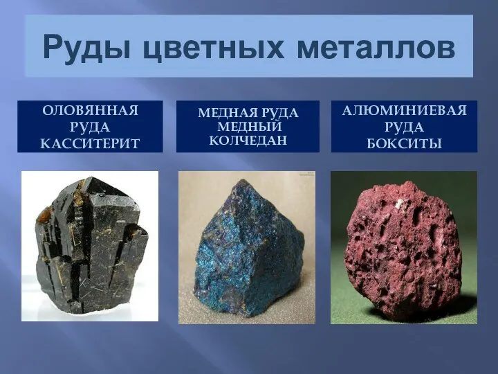 Руды цветных металлов Оловянная руда касситерит Медная руда медный колчедан Алюминиевая руда бокситы