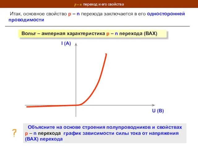 p – n переход и его свойства Итак, основное свойство p – n