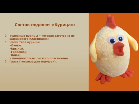 Состав поделки «Курица»: Туловище курицы – готовая заготовка из шарикового