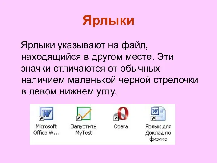 Ярлыки Ярлыки указывают на файл, находящийся в другом месте. Эти