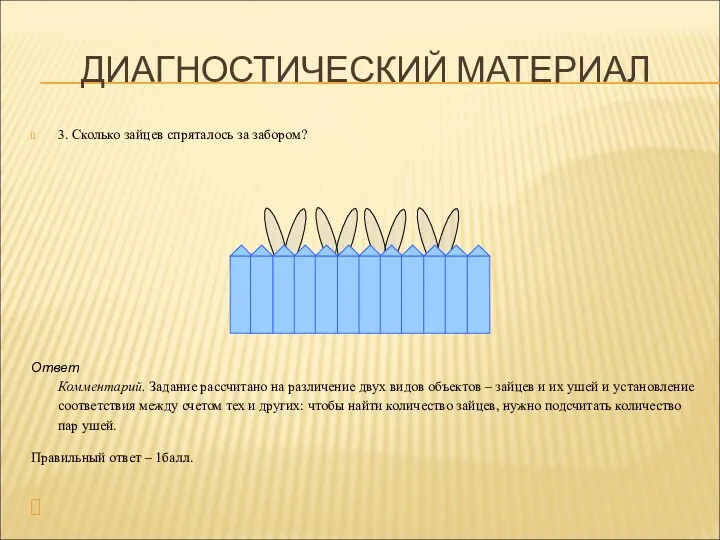 ДИАГНОСТИЧЕСКИЙ МАТЕРИАЛ 3. Сколько зайцев спряталось за забором? Ответ Комментарий.