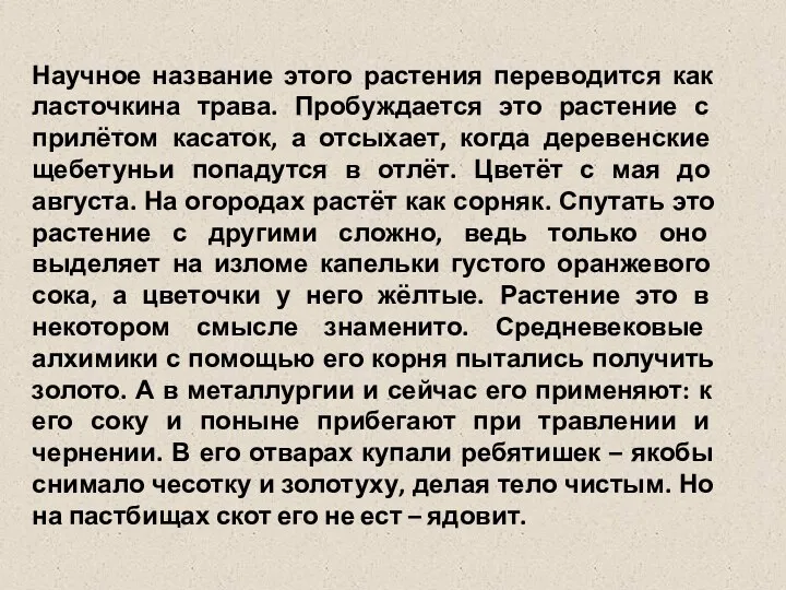 Научное название этого растения переводится как ласточкина трава. Пробуждается это