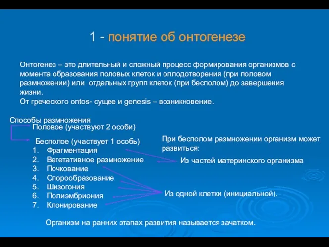 Онтогенез – это длительный и сложный процесс формирования организмов с момента образования половых