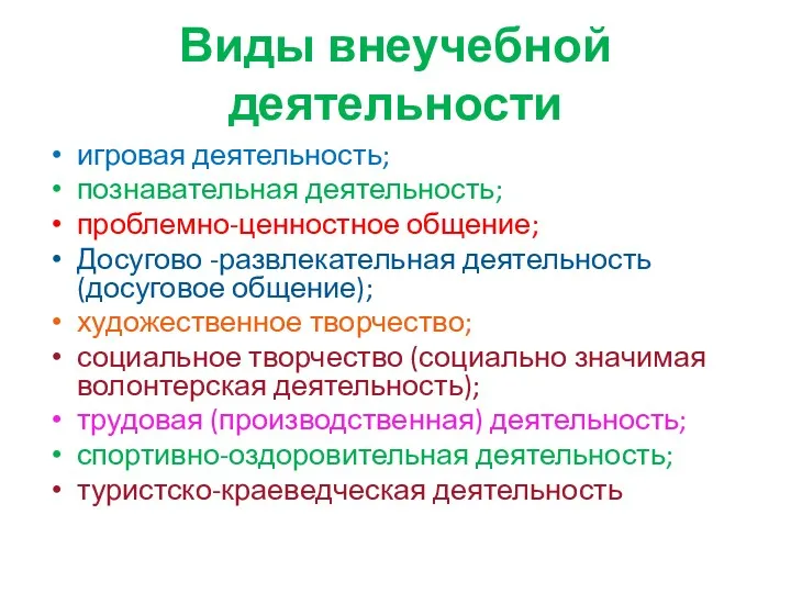 Виды внеучебной деятельности игровая деятельность; познавательная деятельность; проблемно-ценностное общение; Досугово